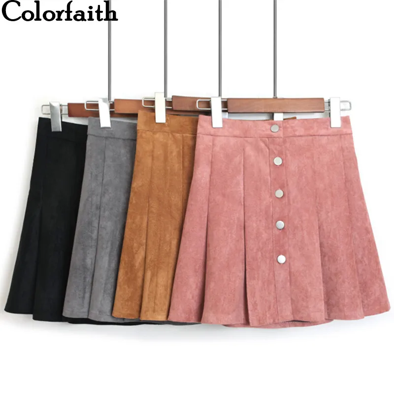 Online Colorfaith 2018 Women Multi Colors Suede A Line Mini Skirt Autumn Winter Buttons Girls Skater Skirt High Waist Femininas SK5550