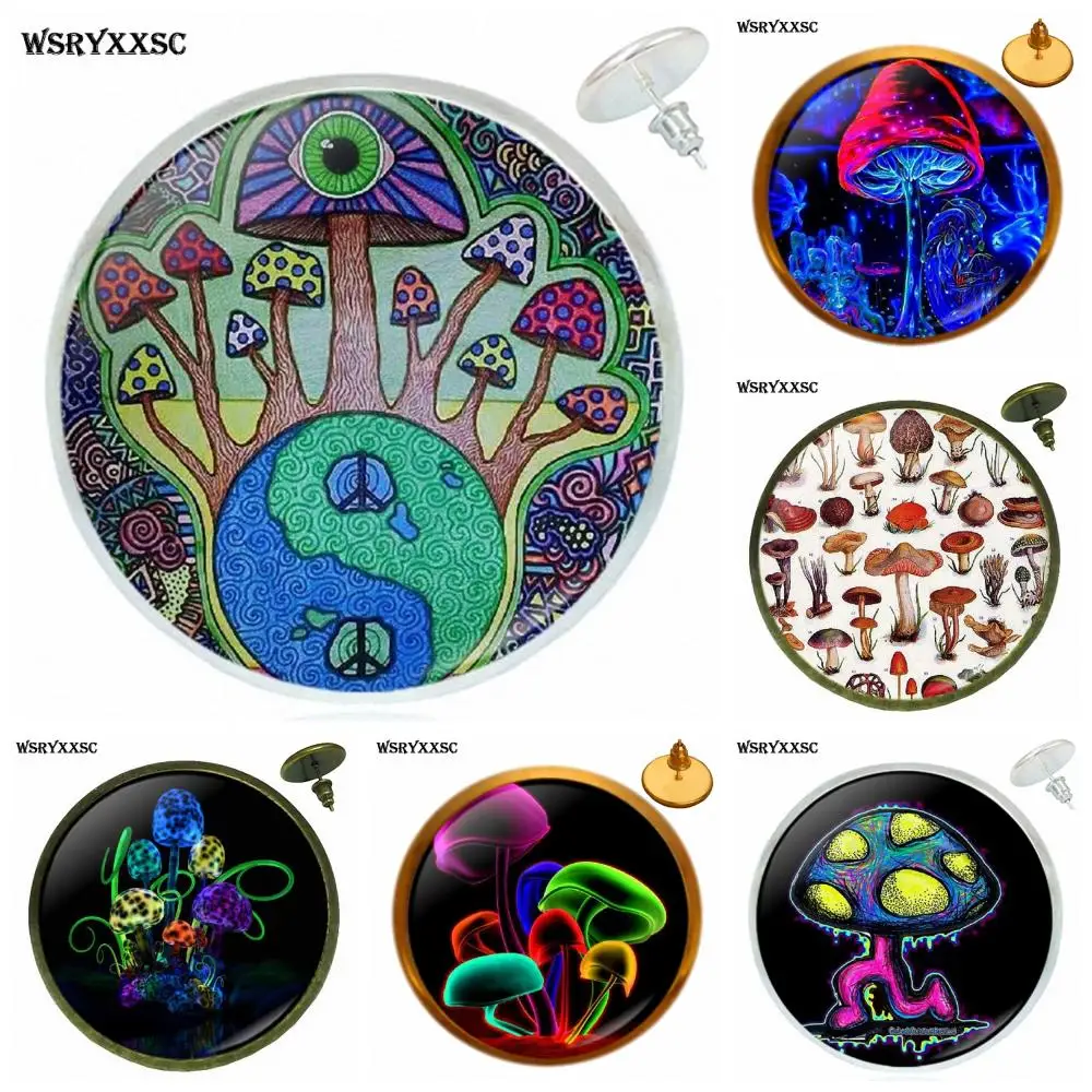 

For Valentine'S Day Gift Psychedelic Mushroom Glass Cabochon Anime Jewelry With Bronze/Silver/Golden Clip Ear Hook Stud Earring