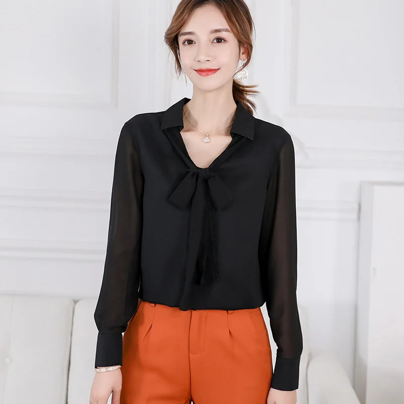 

Spring Autumn 2019 Women White Shirt Long Sleeve Shirts Korean Bow Tie Women Streetwear Slim Chiffon Blouse Elegant Ladies Tops