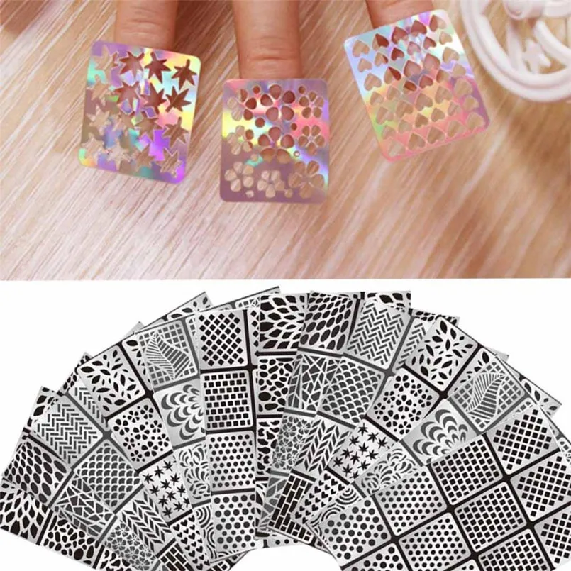 

2017 New 12 Sheets New Nail Hollow Irregular Grid Stencil Reusable Manicure Stickers Stamping Template Nail Art Tools X8072