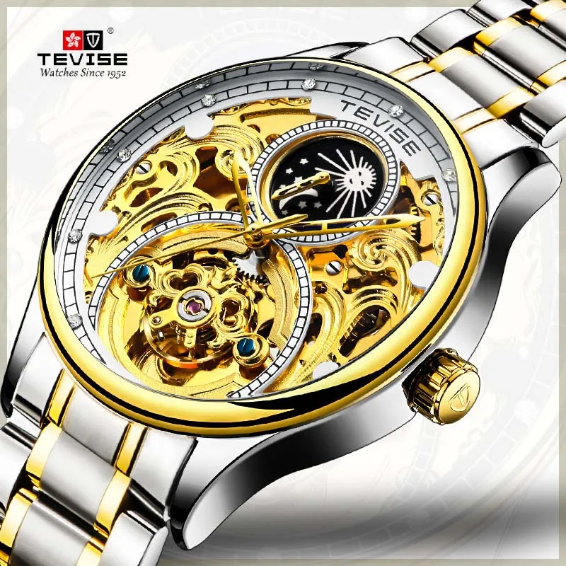 الساخن Tevise العلامة التجارية الرجال الميكانيكية ووتش التلقائي تاريخ المراكب الشراعية الساعات الأزياء رجل الأعمال للماء الذهب ساعة Montre أوم