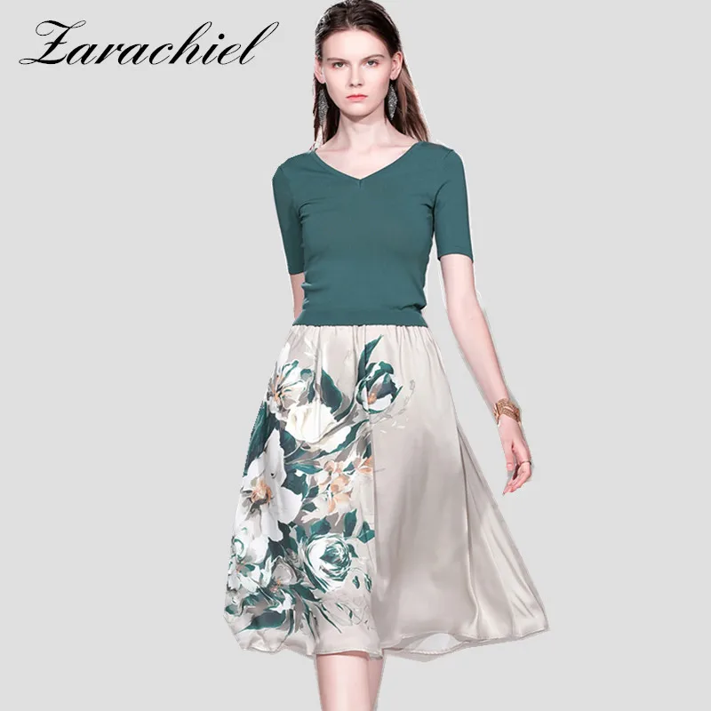 

2 Piece Set Women Floral Print Skirt and Knitted Blackish Green Pullover 2019 Summer V-Neck Short Sleeve Crop Top 2 Piece Outfit