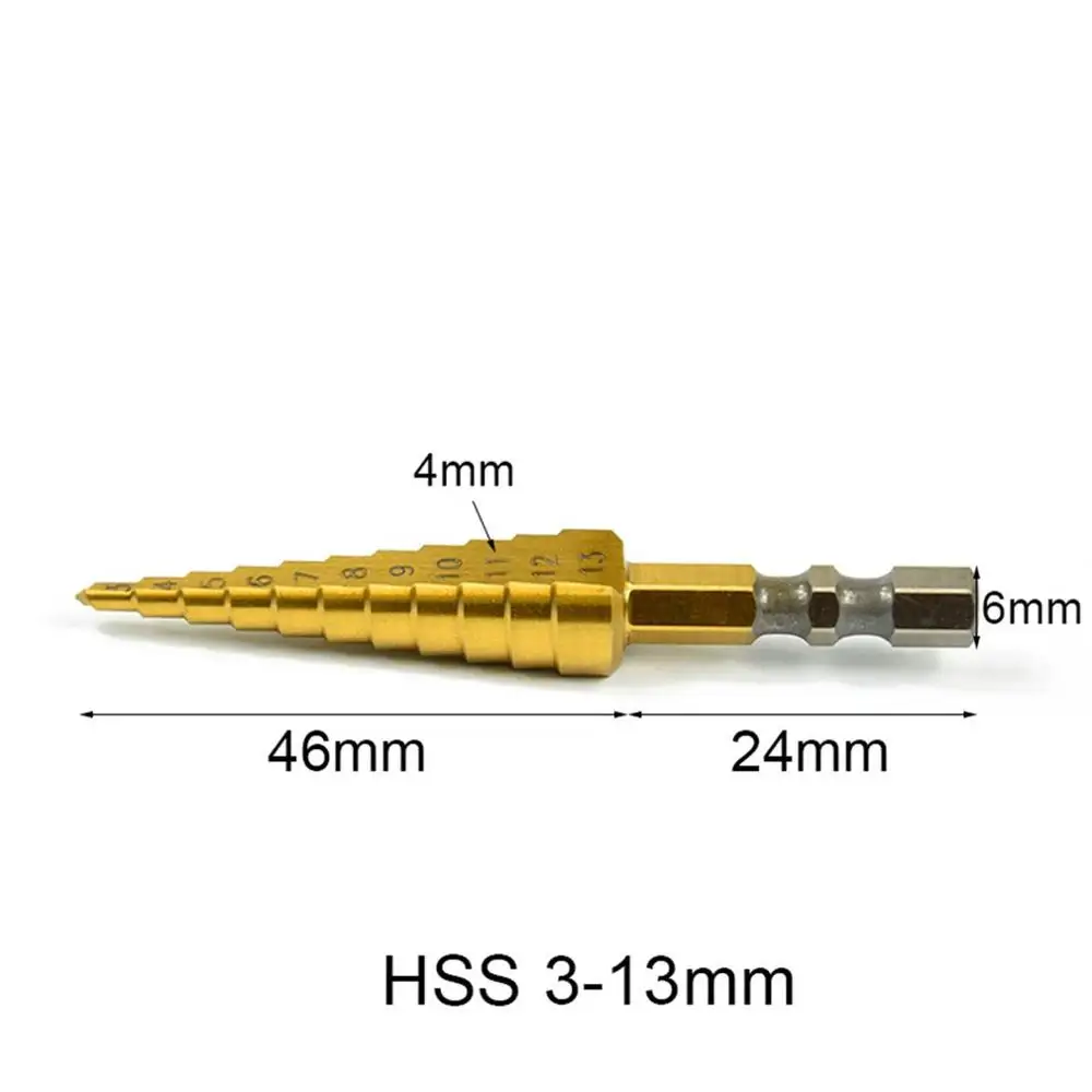 HSS набор ступенчатых Сверл с титановым покрытием 3-13 мм шестигранный хвостовик для металла, дерева резак для сверления отверстий инструменты ступенчатое конусное сверло