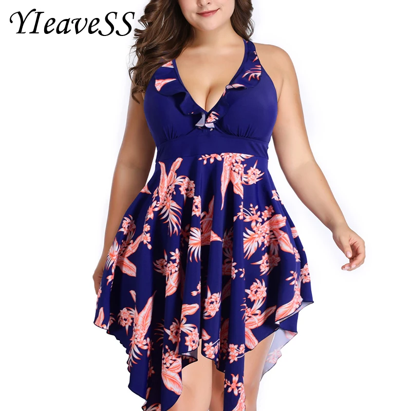 Preise 2019 neue Plus Größe 6XL Tankini set Frauen Bademode Zwei Stück Druck Halter Badeanzug Schwimmen Kleid Hohe Taille Bikinis Bade anzug