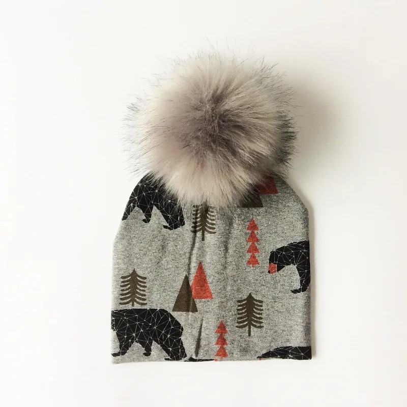 Детская шапка, хлопковая шапка с помпоном и принтом для детей, зимняя шапка для мальчиков, детские шапки для девочек, детские шапки - Цвет: grey bear