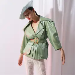 Для женщин 2019 весенняя куртка ретро глянцевый поддельные два металлические кнопки пальто с поясом с длинным рукавом Однобортный тонкий H155