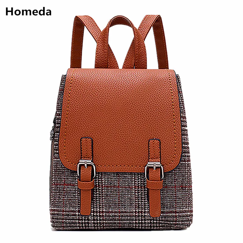 Homeda Women Backpack Leisure Plaid School Backpacks Fabric Woolen