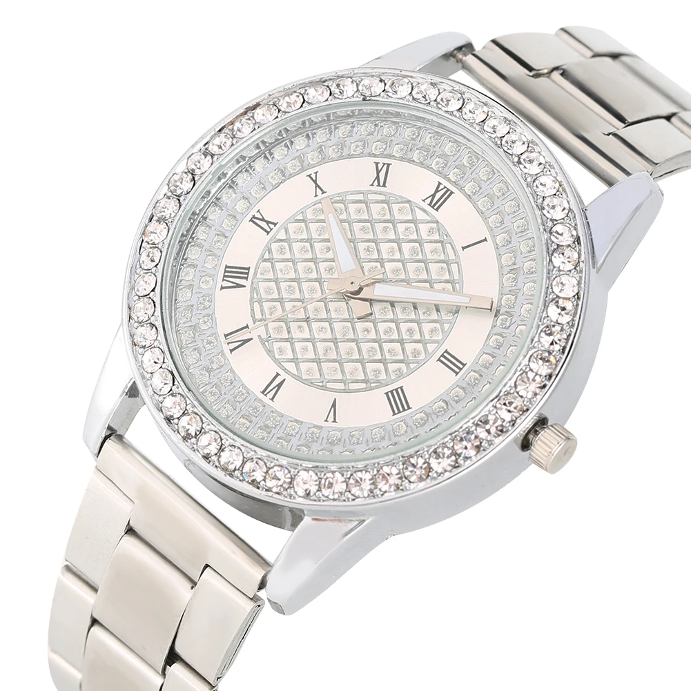 

Women&#39s Luxury Quartz Analog Watch Stainless Steel Strap Unique Large Diamond-encrusted Dial with Roman Numerals Wristwatch