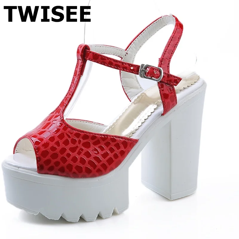 

T-Strap platform ladies women shoes sandals Buckle Strap spring sandals pu leather sexy extrem high heels 12 cm peep toe sandals