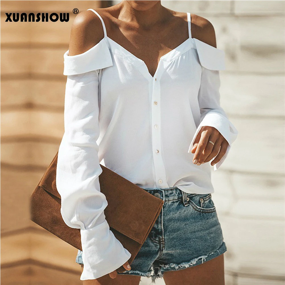 

XUANSHOW Camisetas Mujer Verano 2018 Fashion Sling V Neck Long Sleeve Women's Shirts Button Elegant Ladies Office Clothes Top