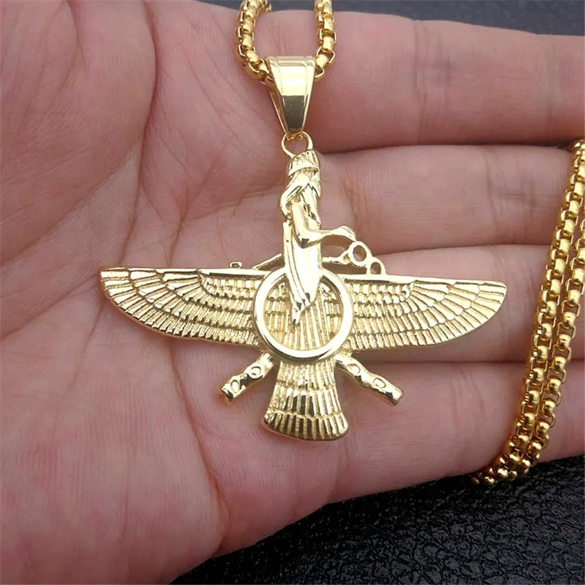 Faravahar Ahura Pendant Men Iran Jewelry Stainless Steel Zoroastrian Gold Color Iranian Necklace