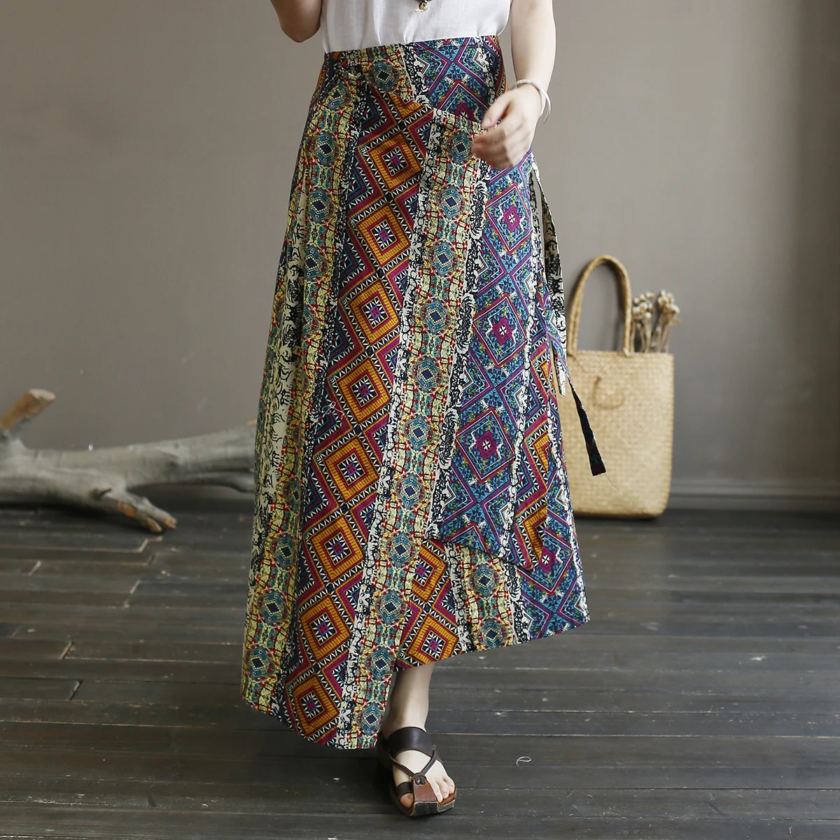 

Johnature Vintage Print Women Summer Skirt 2019 New Simple Loose High Waist Lace-up Ankle-length Cotton Linen Floral Skirts