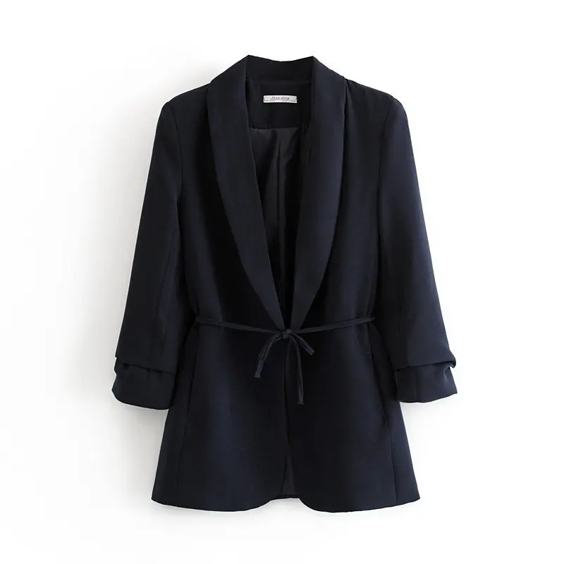 Office Ladies Blazer Women Shawl Collar Sashes Roll Sleeve Female Jacket Blazers Coat Feminino Outerwear Work Suit Tops Mujer