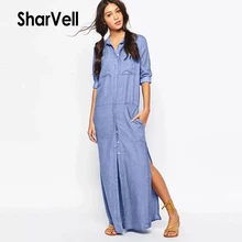 

SharVell Women Turn-down Collar denim Maxi Dress Fashion Summer Wrist Sleeve jean jumper Hem sexy Dresses Pockets Casual Dress