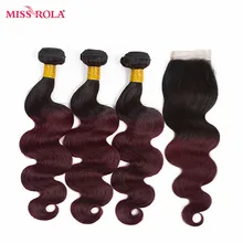 Miss Rola Hair Brazilian Body Wave Hair Weaving 3 Bundles With Closure #T1B/99J Color 100% Human Hair Non-Remy Hair Extensions