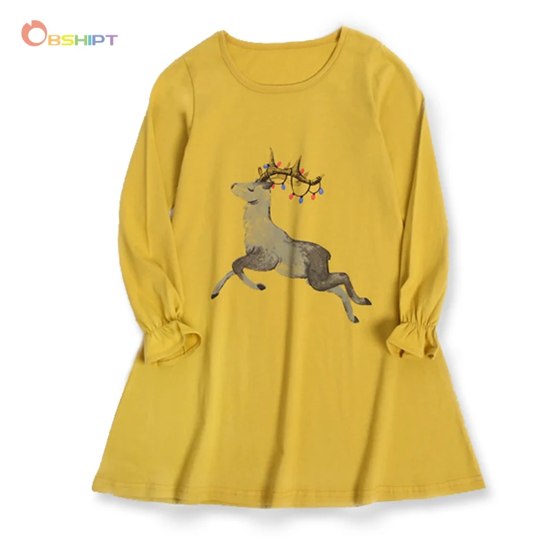 OBSHIPT Moose Girls Dress Spring Autumn Cartoon Deer Girls Clothing