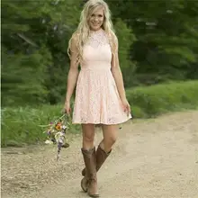 Modest Country Western Full Lace Peach Short Lace Bridesmaid Dresses 2017 A Line High Neck Wedding Party Formal Wear BN138