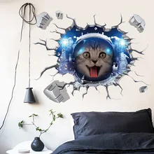 3D Broken Wall Space Cat Wall Sticker Baby Kids Room Bedroom Decoraton Vinyl Decals Art Mural Poster Home Decor scary ghost 3d broken wall art sticker