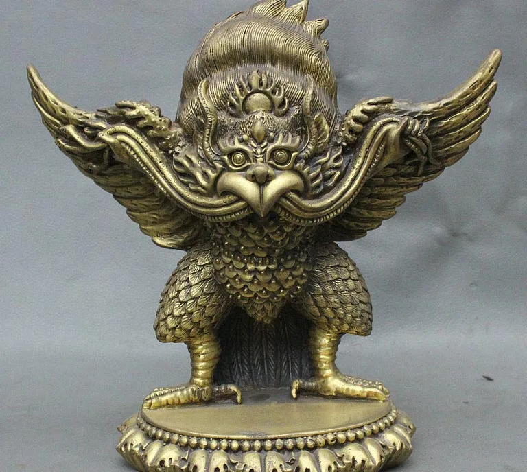 

9" Tibet Buddhism Pure Bronze Fly Redpoll Winged Garuda Bird Eagle Buddha Statue