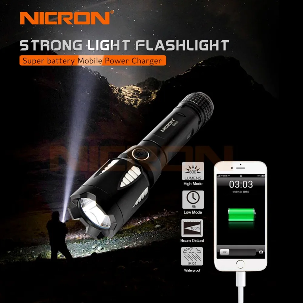 NICRON 9 Вт длинный луч ультра высокий яркий светодиодный фонарик Портативный Водонепроницаемый IPX8 водонепроницаемый 5 режимов power Bank светодиодный фонарь G90