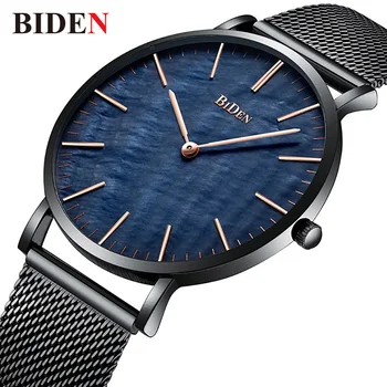 

BIDEN Fashion Mens Watches Top Brand Luxury Quartz Wristwatch Ultra-thin Full Mesh Steel Clock Male Business Men's Watch Black