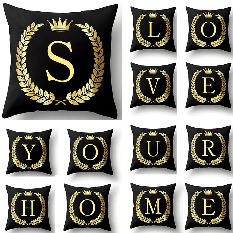cheap RIANCY Black Golden Letters Crown Polyester Cushion Cover Decorative Cushions for Sofa Home Decoration Pillowcase 40553