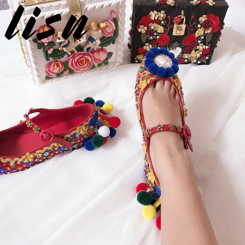 

LISN New Genuine Leather Buckle Strap Women Low Heel Women Shoes Round Toe Glitter Floral Women Wedding Shoes Party