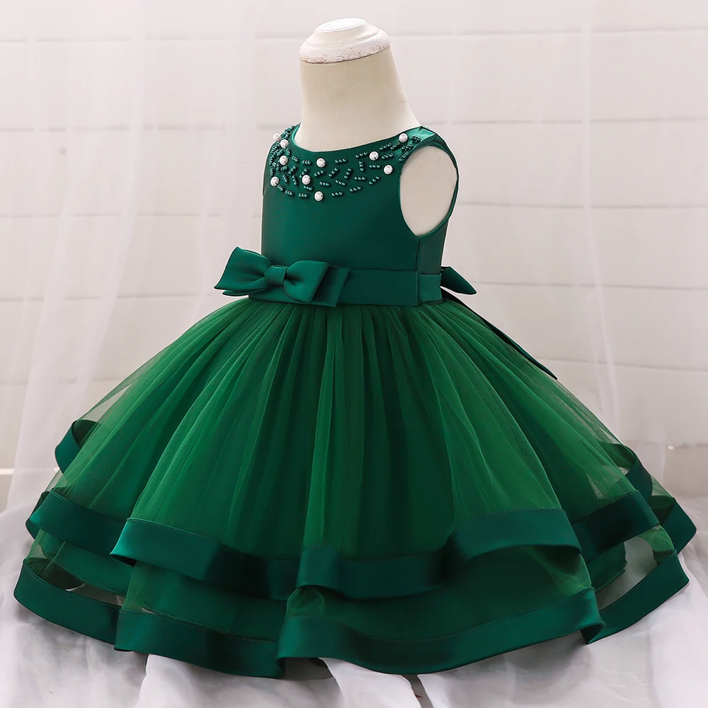 Зеленое платье феи с бантом и бусинами; детская одежда; платья для девочек; Сетчатое многослойное платье для танцев с бантом для маленьких девочек; вечерние платья