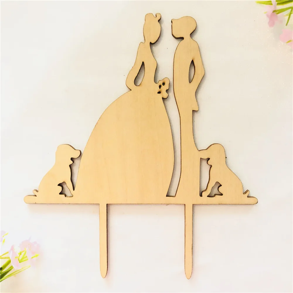 Wooden Bride And Groom Silhouette With Pet Dogs Mr Mrs Toppers