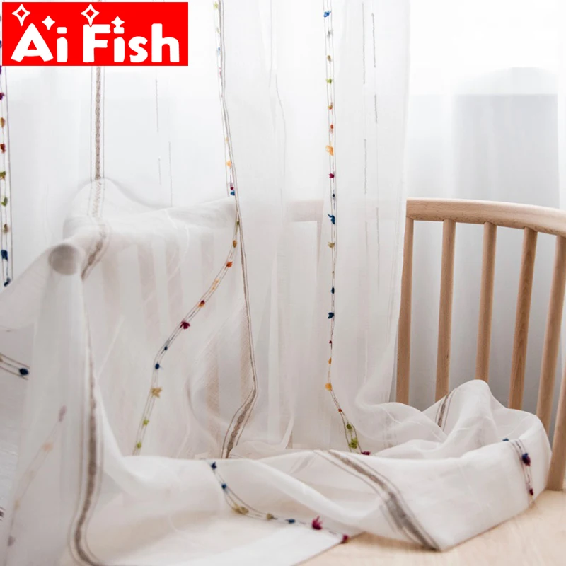 

Nordic Vertical Colorful Stereoscopic Embroidered Line Sheer Drape Window Screens Tulle Curtains For Living Room custom wp263#40