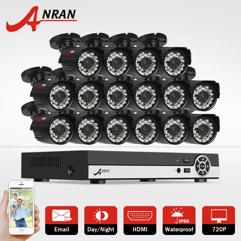 

ANRAN 16CH Surveillance System AHD 1080N HDMI DVR 720P 1800TVL IR Outdoor Camera Home Video CCTV security Camera Kit Email Alert