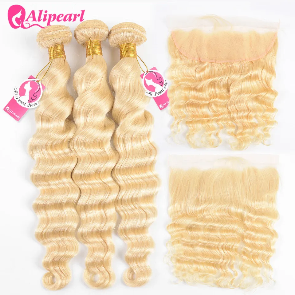 

AliPearl Loose Deep 613 Bundles With Frontal Pre Plucked Platinum Blonde Brazilian Hair Weave 3 Bundles With Frontal Remy Hair