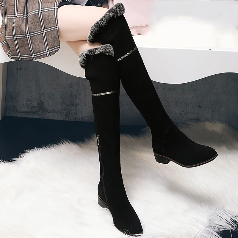 

EshtonShero Shoes Woman Over The Knee Boots Kid Suede Zipper Low Heel Women Platform Black Ladies Motorcycle Boot Size 34-41