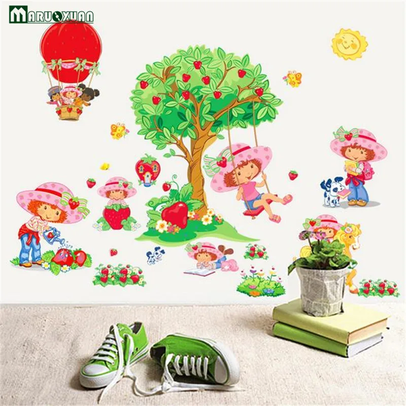 

MARUOXUAN Hot Style Strawberry Shortcake Girls Tree Removable Wall Stickers For Kids Room Bedroom Room Decorative Wall Decal