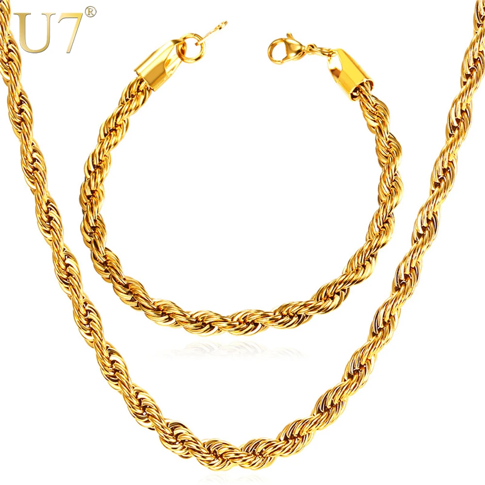 

U7 New Trendy Rope Chain Necklace Set Wholesale 18K Real Gold Plated 3MM Width Chain Necklace Bracelet Men Jewelry Sets S837