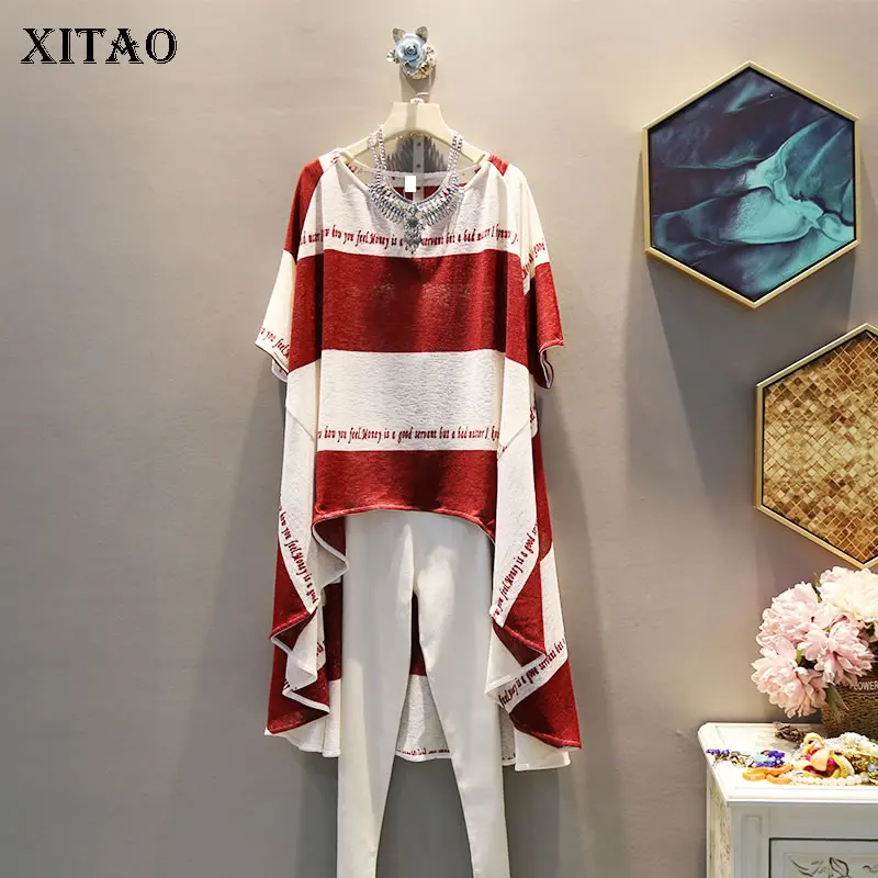

[XITAO] Women 2019 Summer Korea Fashion O-neck Short Sleeve Loose Long Tee Female Patchwork Letter Print Casual T-shirt ZQ1819