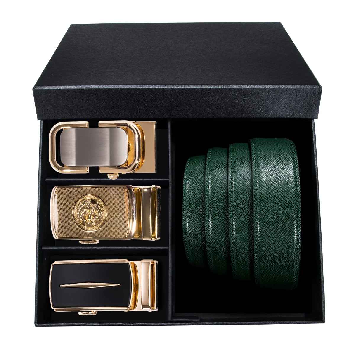 

PT-0010 Barry.Wang Automatic Buckle Genuine Leather luxury Green Belt For Men 110-130cm Long Alloy Buckle Men Belt Gift Box Sets