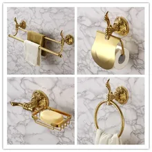 Роскошный Золотой набор аксессуаров из 4 предметов для ванной комнаты, твердая латунь, медь, держатель для полотенец, держатель для полотенец, кольцо для мыла, корзина