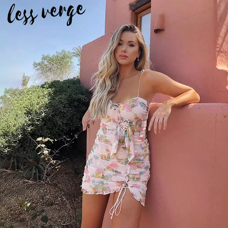 Lessverge цветочное Сетчатое шифоновое сексуальное мини облегающее платье со