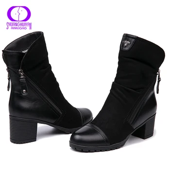 

AIMEIGAO Autumn Winter Suede Leather Boots Women Double Zippers Black Ankle Botas Women Short plush Chunky Heels Platform Shoes