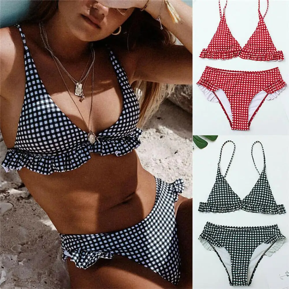 

Black Red Plaid Sexy Swimwear Two-piece Women Nones Set Lotus Leaves Plaid Split Swimsuit Maillot De Bain Femme 2019