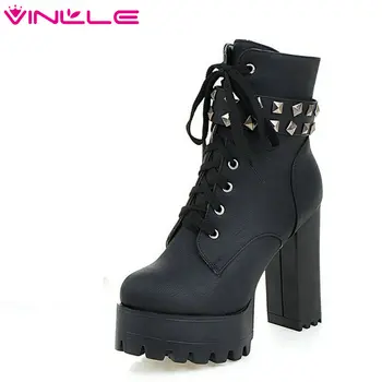 

VINLLE Women Boots Square High Heel Western Style Lace-up Rivets Solid Ankle Boots Round Platform Ladies Concise Boot Size 34-43