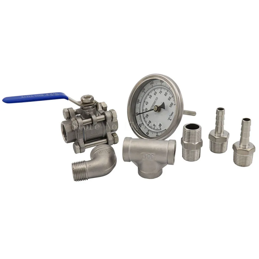 

Stainless Steel 3-Piece Ball Valve Counterflow With 1/2" In-line Thermomete, Hose Barb & Hex Nipple for Home Brew Wort Chiller