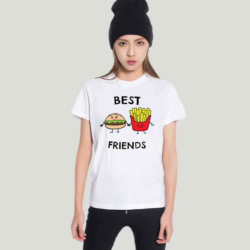 Women Funny BEST FRIENDS Letter White Modal T Shirt Hamburger Fries
