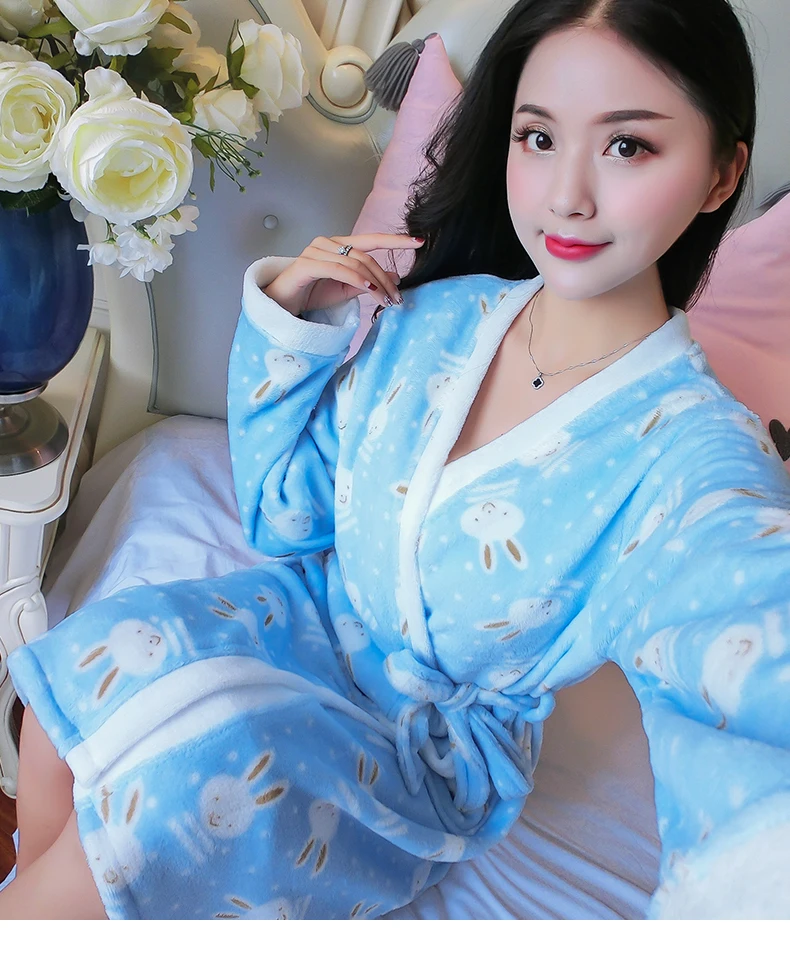 Милые Мультяшные плотные ночные рубашки зимний банный халат женские пижамы банный фланелевый теплый халат пижамы женские Халаты коралловый бархат