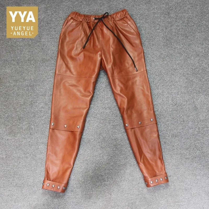 

Women Genuine Leather Pants Stretch Plus Size Pencil Pants Female High Quality Brand Rivet Ankle Length Harem Pants Trousers