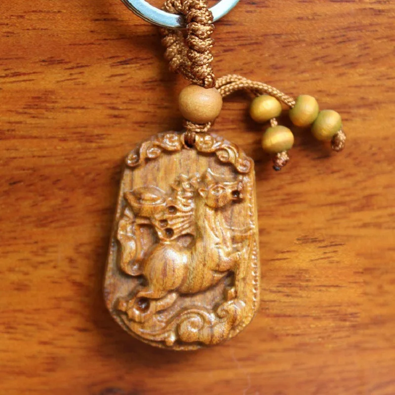 Wholesale and Retail Twelve Chinese Zodiac Signs Handmade Horse Carved Wood Beads Keychain Keyring Lucky Gifts Unisex | Украшения и