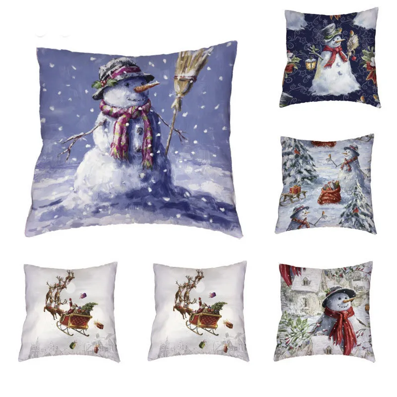 

Festive Christmas White Cushion Cover Polyester Peach Skin Santa Pine Tree Snowman Elk Snow Pillow Cover Decoration Living Room