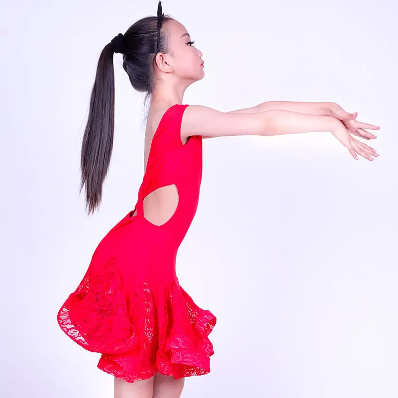 Кружевная одежда для латинских танцев без рукавов для девочек, стандартное детское платье для латинских танцев, детские костюмы для сальсы, бальных танцев - Цвет: Red