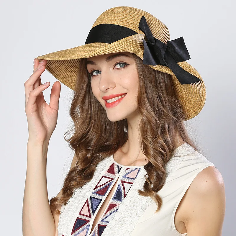 جديد الأزياء قبعة الشمس النساء Bowknot واقية من الشمس قبعة من القش الإناث الكورية الصيف شاطئ الشمس حماية القبعات ظلة الشاطئ قبعات H6794
